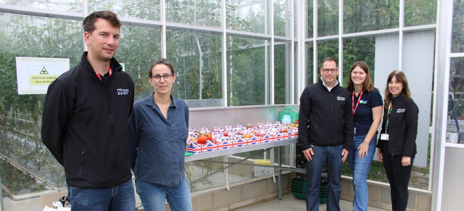 Five people surrounding counter with tomatoes on