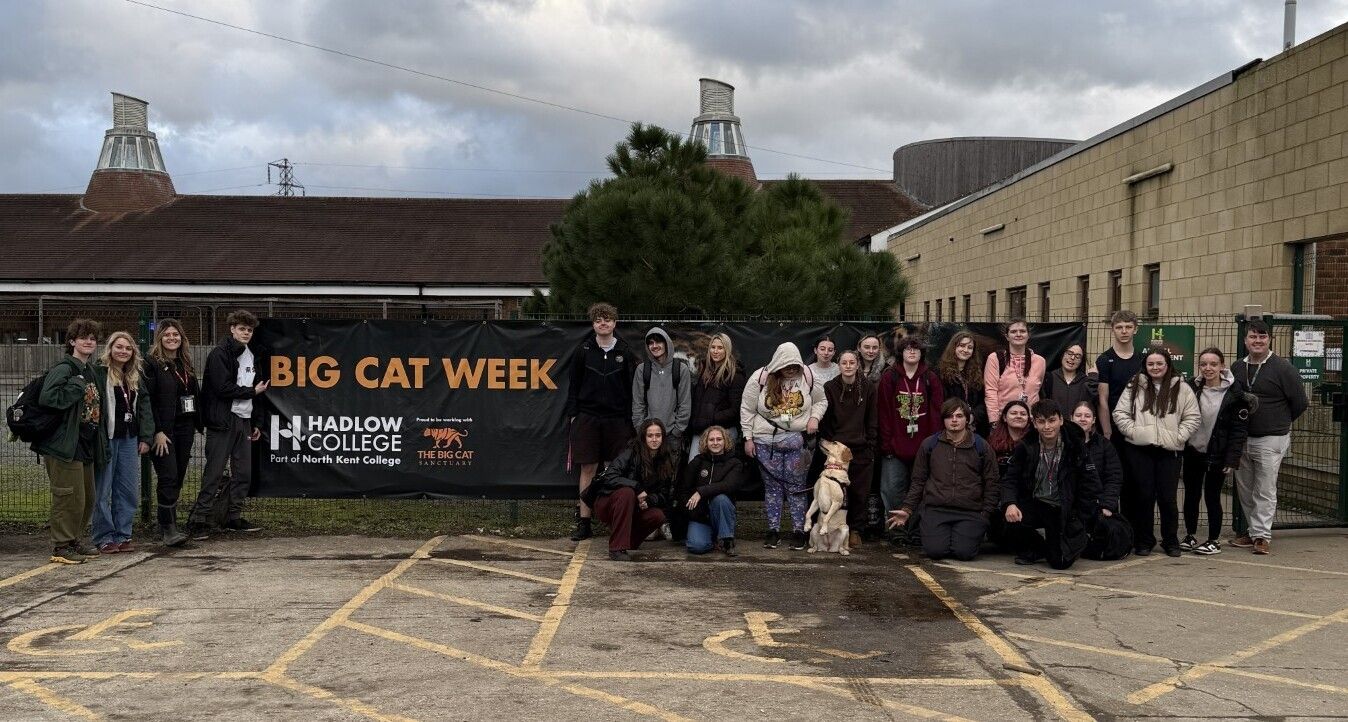 students standing together next to big cat week sign
