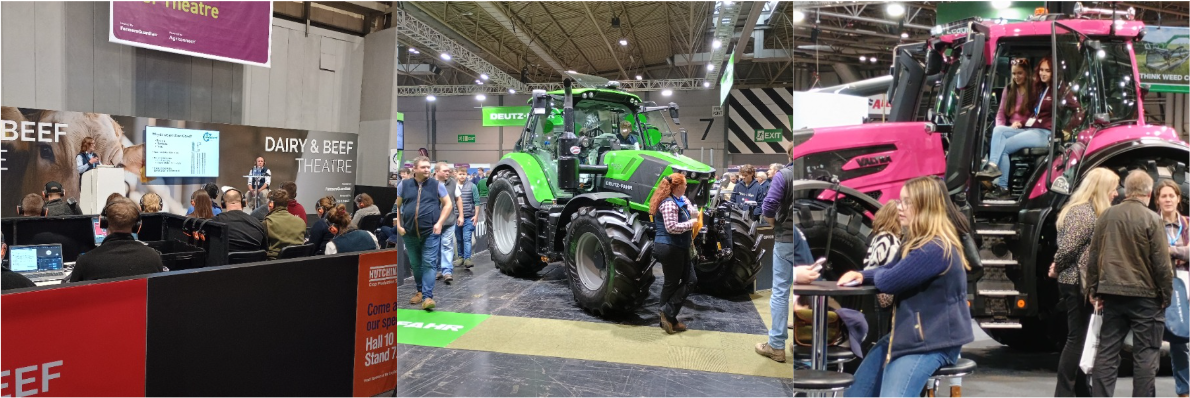 3 images of students at event. left image of a talk. middle image of a green tractor. right image of red tractor 