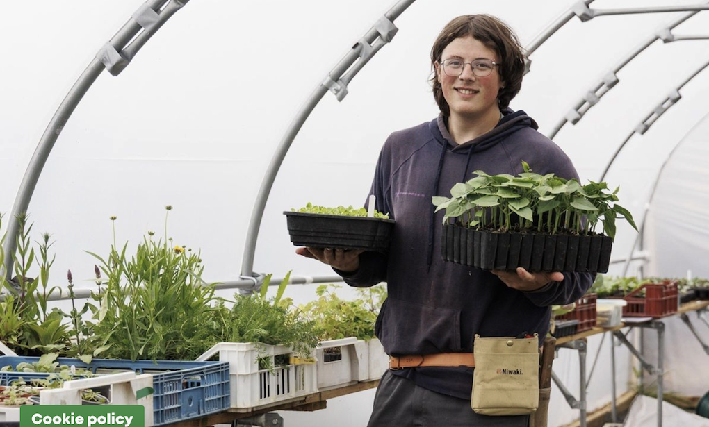 Student standing in glasshouse holding plant